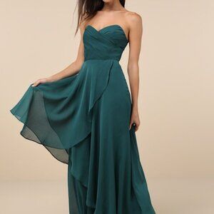 Lulus Revered Elegance Emerald Green Pleated Strapless Maxi Dress - Size S